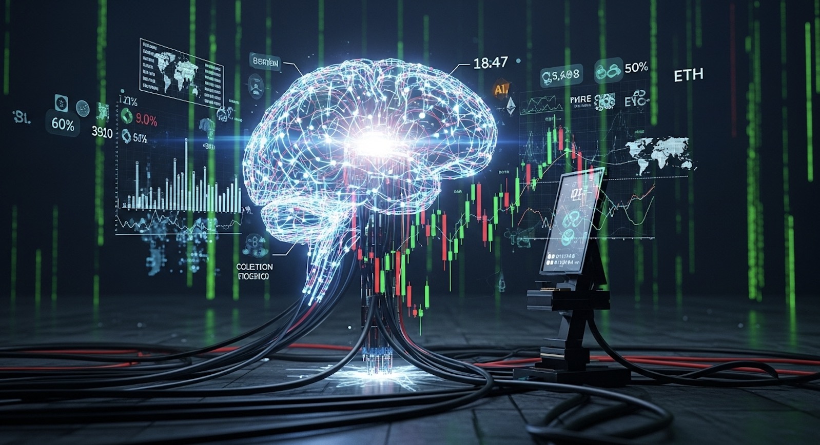 人工知能（AI）がリアルタイムで仮想通貨トレードするイラスト