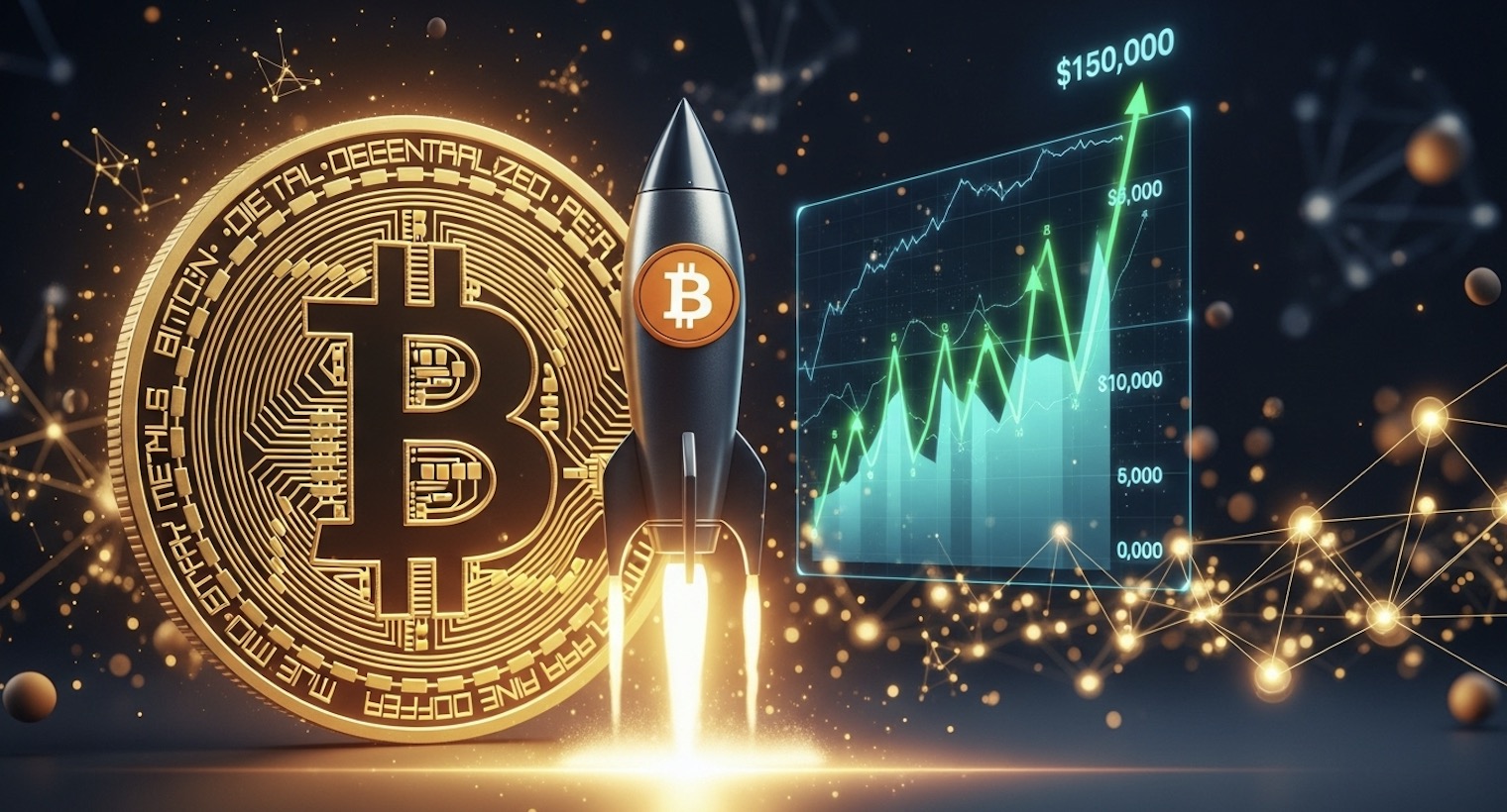 ビットコインが2025年年末にむけ15万ドルを目指して急上昇するイメージ