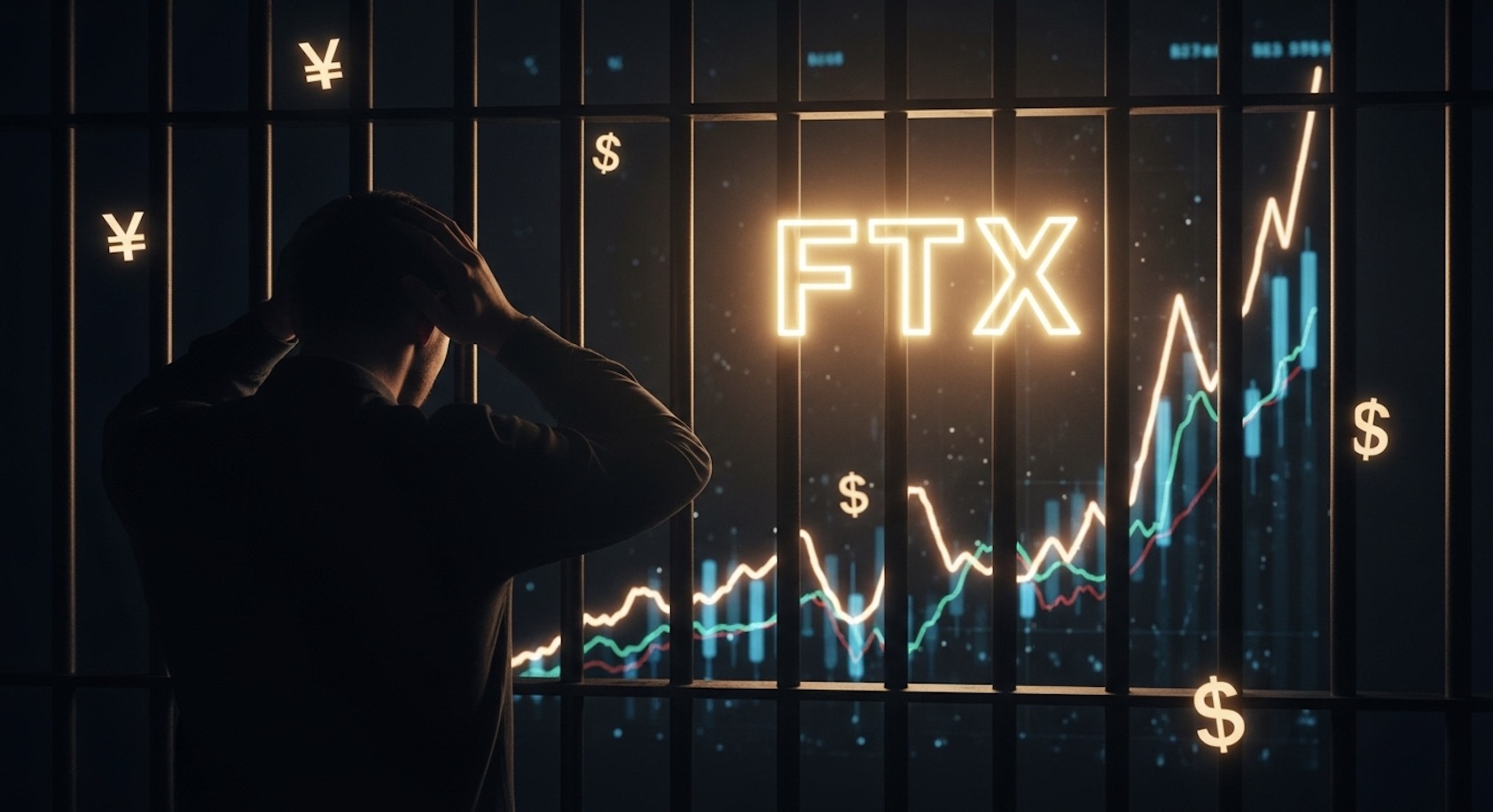 FTX破綻後、ビットコイン価格が上昇する様子を牢屋の中で頭を抱えて眺める男性
