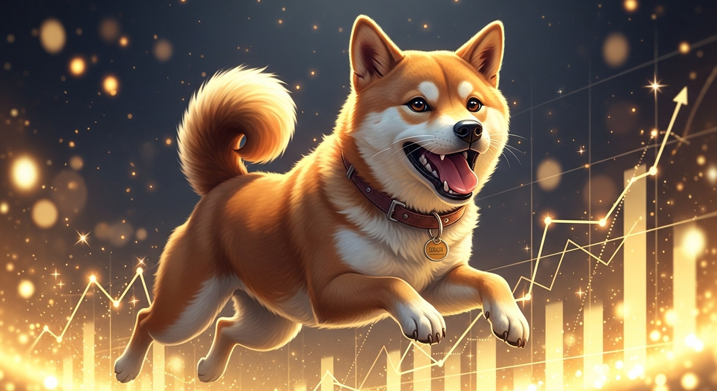 元気いっぱいにはしゃぐ柴犬のDOGE