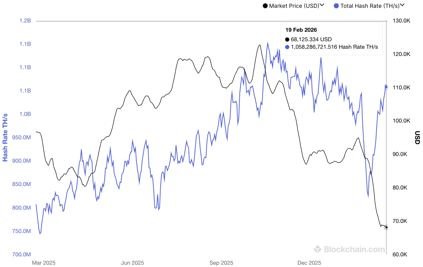 V自回復するTotal Hash Rate（TH/s）のグラフ