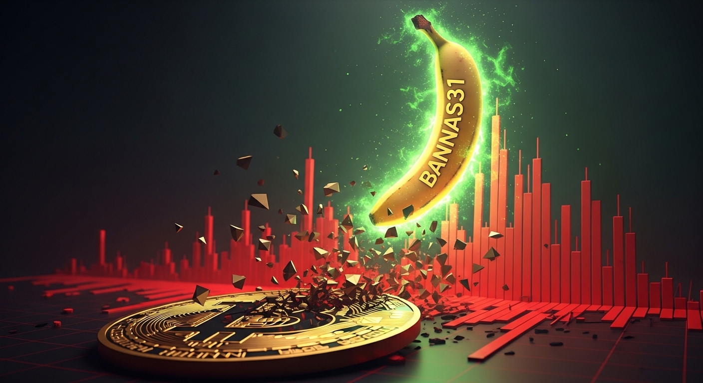 崩壊するビットコインのシンボルと神々しく浮上するミームコインBANANAS31
