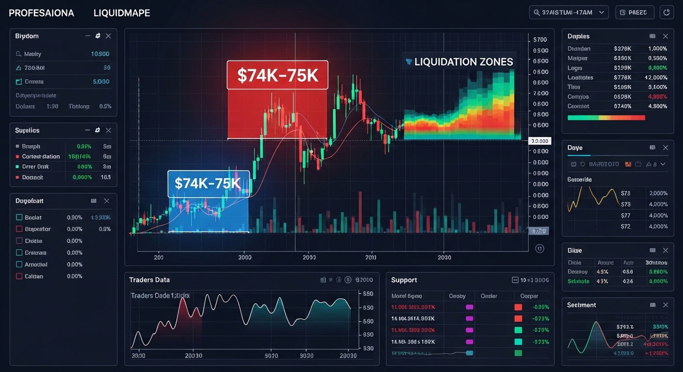 75,000ドルにショート精算、7万ドル以下にロング精算が示されたビットコインチャート