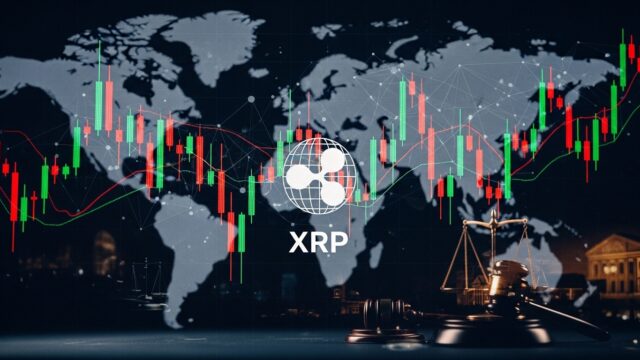 リップルの将来性をイメージするかのような世界地図と上昇するグラフ
