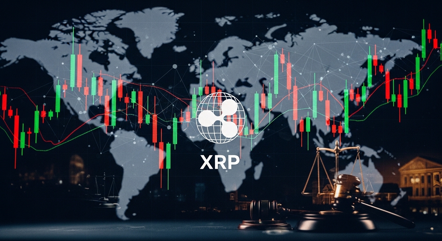 リップルの将来性をイメージするかのような世界地図と上昇するグラフ
