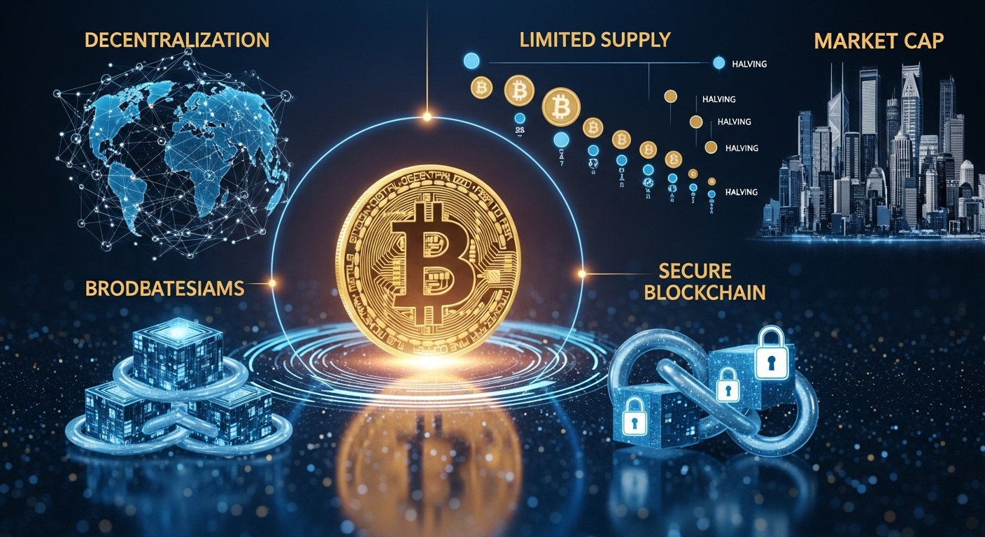 ビットコインとは?その存在を語る上では欠かせない5つの特徴を可視化したイメージ