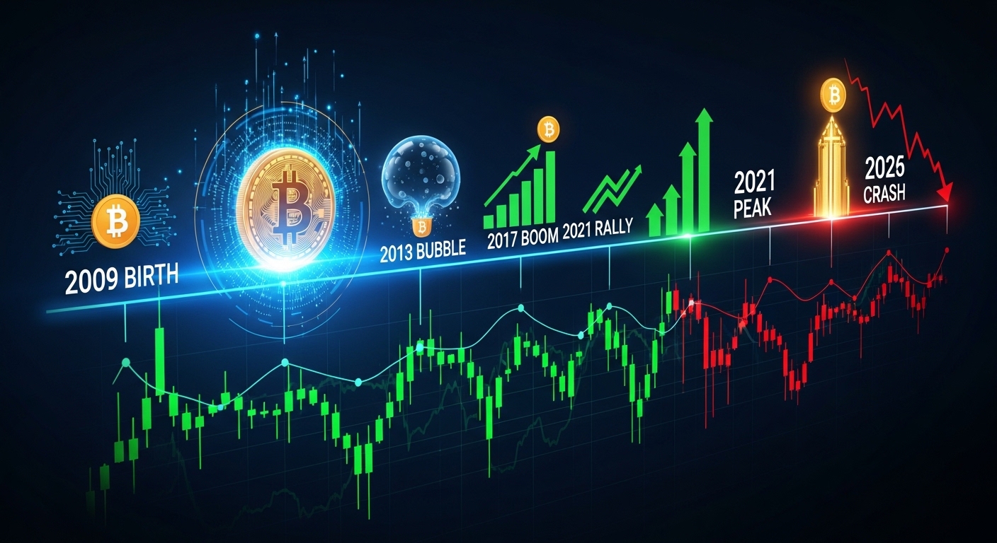2009年のビットコイン誕生から2026年現在に至るまでの歴史と価格変動を可視化したイメージ