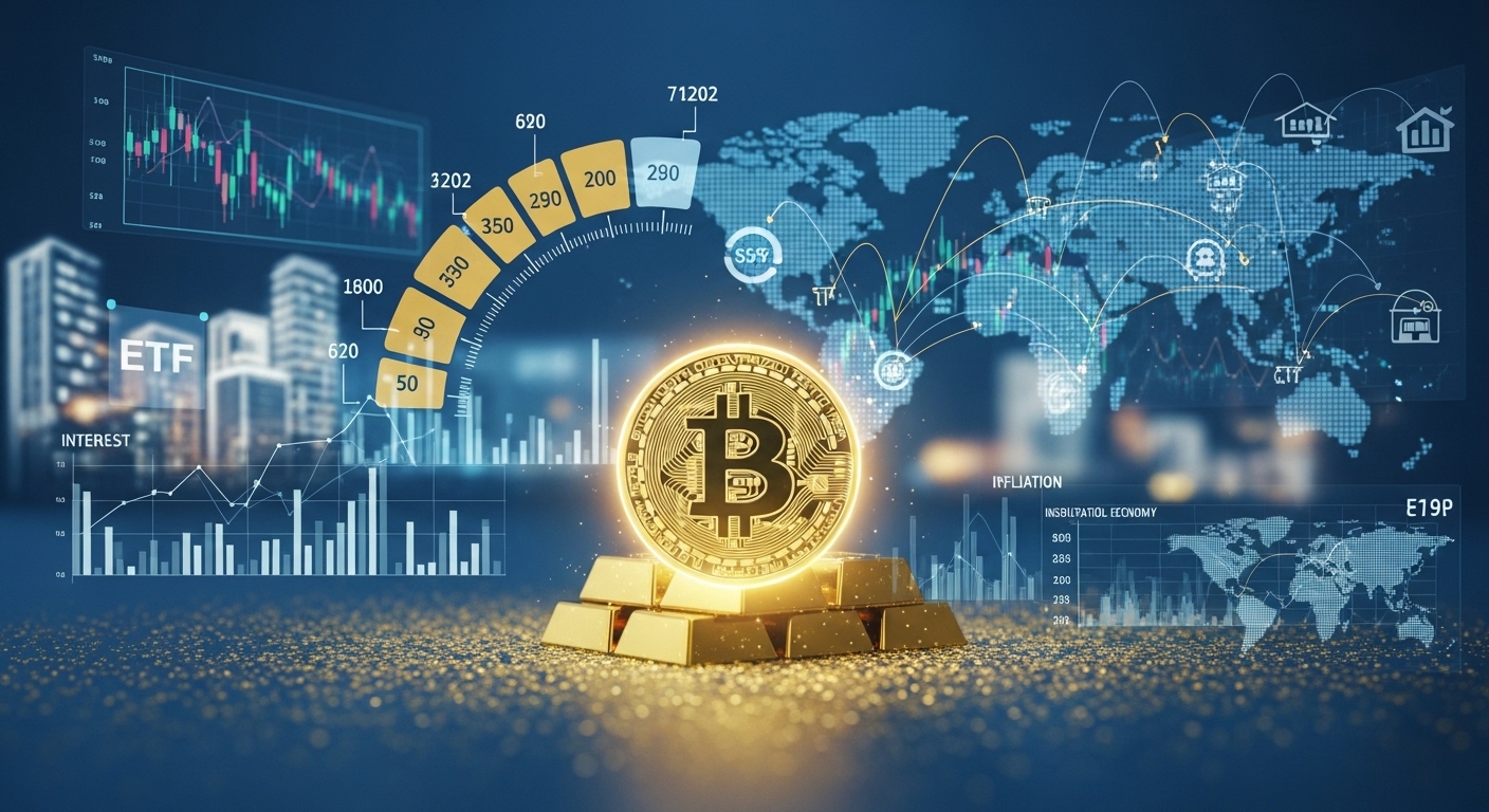 ビットコインの将来性を支える5つの好材料。中央にビットコインのシンボル。その周りにはチャートや世界規模で普及するBTCの概念図が描かれている。