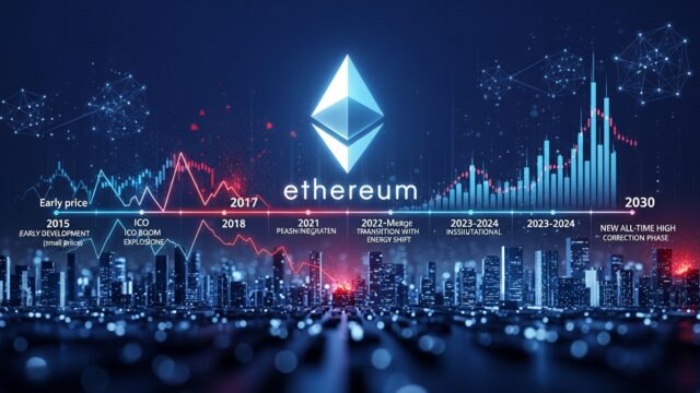 2030年に向けて上昇するイーサリアムのチャートと将来性を期待させるデジタルアート