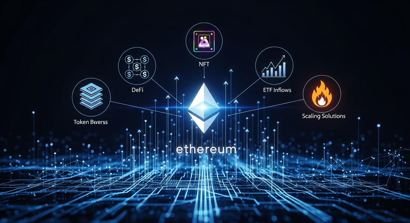 トークンバーン、DeFi、NFT、ETFそしてスケーリングソリューションの5つの要素がイーサリアムの将来性を支えるという概念図