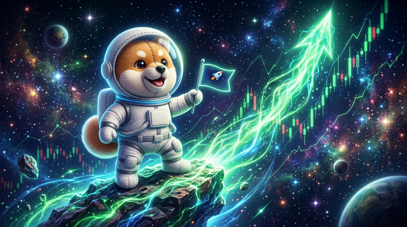 宇宙服を着た可愛らしい柴犬キャラクターをモチーフとするAsteroid Shiba (ASTEROID)が上昇するイメージ
