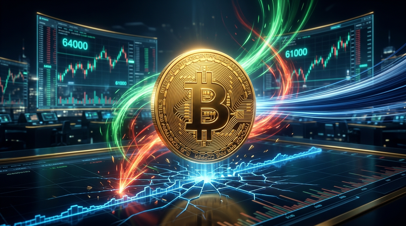 ビットコインが重要サポート価格の64000ドルを割り込む展開を象徴するイメージ
