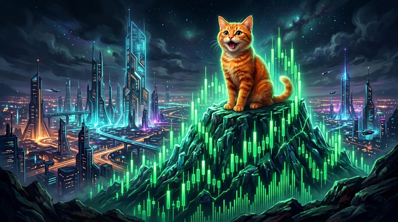 Popcatのモチーフとなった猫が急騰するチャートの上で鳴いているイメージ